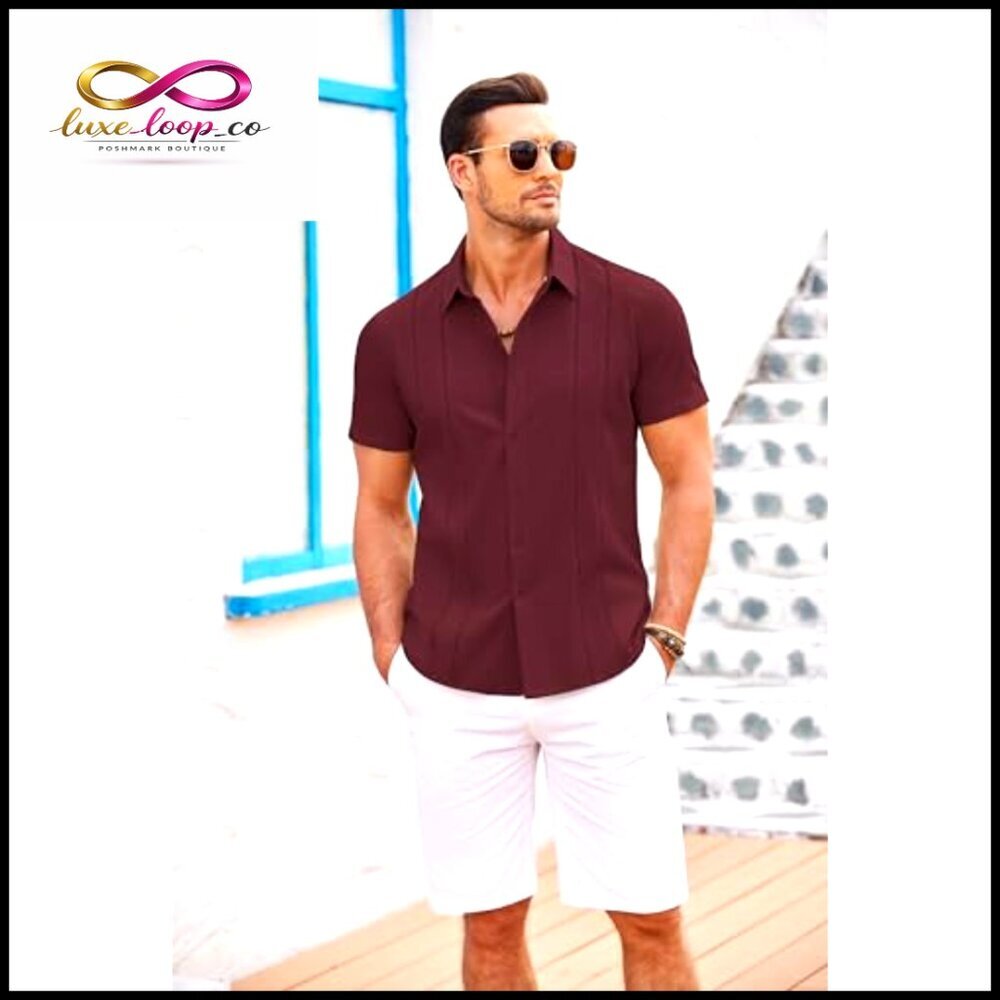 Men's Cuban Guayabera Shirt Short Sleeve Button Down Casual Summer Beach Linen - Picture 3 of 7